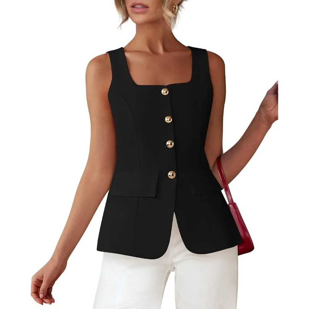 Women's Black Sleeveless Suit Vests Dressy Casual Square Neck Business Work